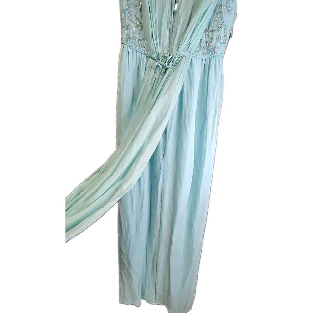 Vintage Lee Claire New York Aqua Beaded Chiffon Evening Gown w/ Back Sash - Picture 5 of 9